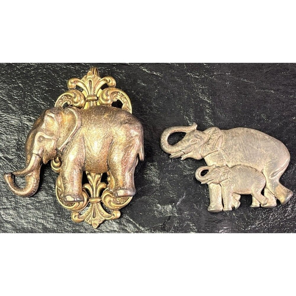 2 Vintage Large Elephant Pendant & Broach Pin Full Body Momma Baby 3' Jewelry